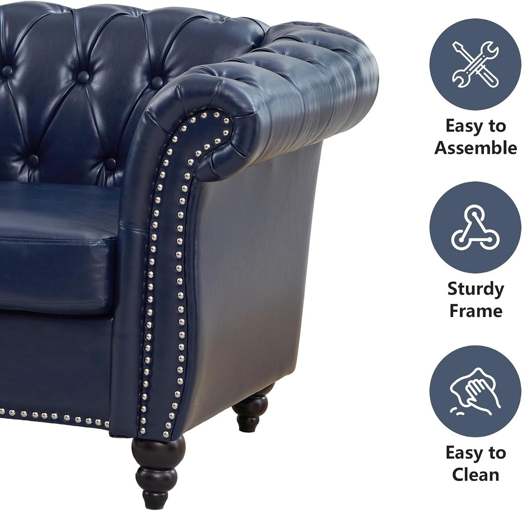 QHITTY Accent Large Sofa, Chesterfield Couch 3 Seater Modern Leather Couch Upholstered Sofa with Tufted Back for Living Room Furniture (Blue)