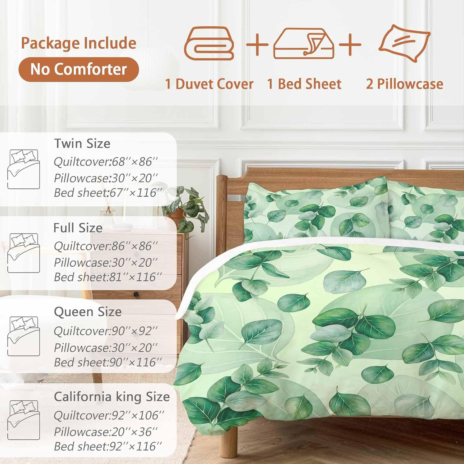 Green Leaf Duvet Cover Set Queen Size 4 Pieces Summer Green Eucalyptus Leaves Plants Farmhouse Bedding Set with Zipper Closure, 1 Comforter Cover 92x106 Inches 1 Flat Sheet & 2 Pillow Cases