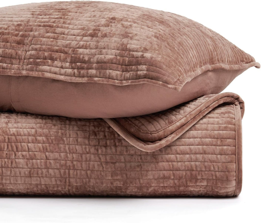 EverGrace Velvet Quilt Set California King 118'' x 106'', Luxurious Soft Bedding Sets, Lightweight Velvet Comforter for All Season, Striped Oversized Bedspread Coverlet w/ 2 Shams, Terracotta Clay