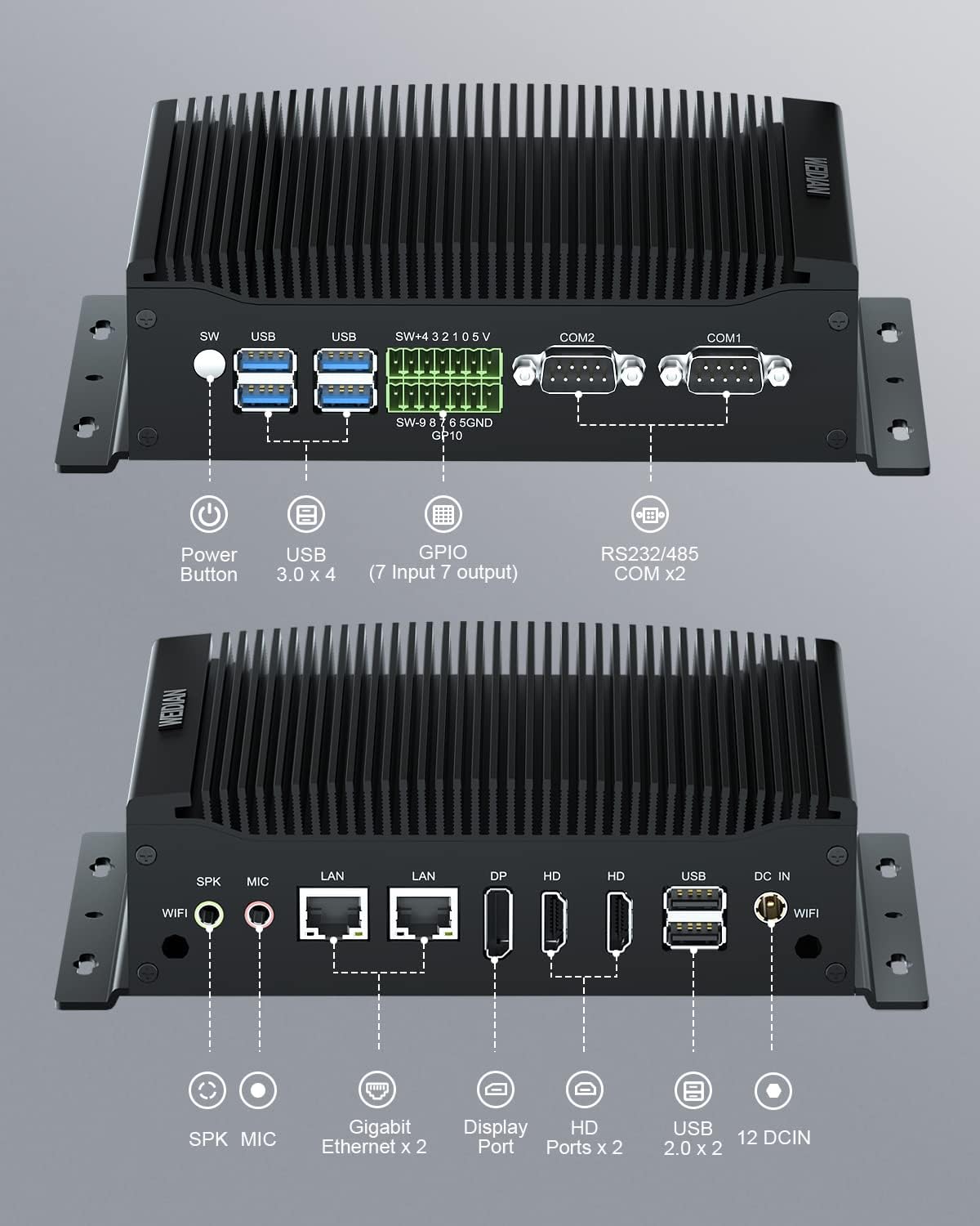 WEIDIAN Fanless PC, Industrial Mini PC, Core i7-10510U (up to 4.90 GHz), 2HD+DP Triple Display, 2RS232/RS422/RS485 COM, 2RJ45 LAN, 6USB, GPIO, WiFi, BT, Win11, Linux, Ubuntu(16GB RAM 512GB SSD)