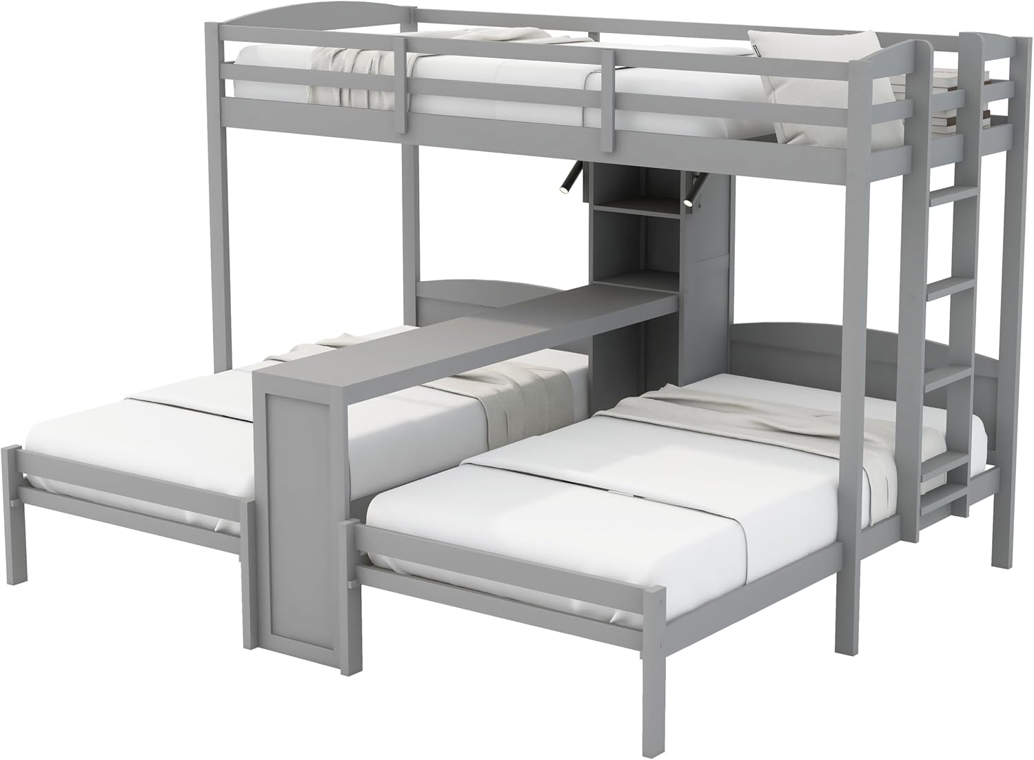 VilroCaz Twin Over Twin & Twin Bunk Bed with Built-in Desk and Storage Shelves, 3 Beds in 1 Design Solid Wood Triple Bunk Bed with Reading Lamp and Guardrails for Kids Teens Aldults (Gray-2.14)