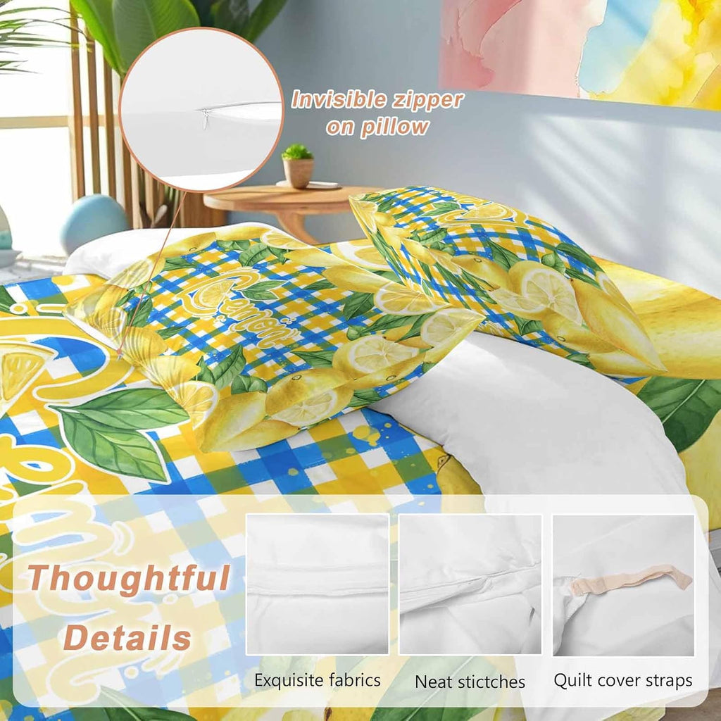 Summer Fruit Duvet Cover Set Queen Size 4 Pieces Watercolor Lemon Frame Letter Print Blue Yellow Plaid Bedding Set with Zipper Closure, 1 Comforter Cover 92x106 Inches 1 Flat Sheet & 2 Pillow Cases