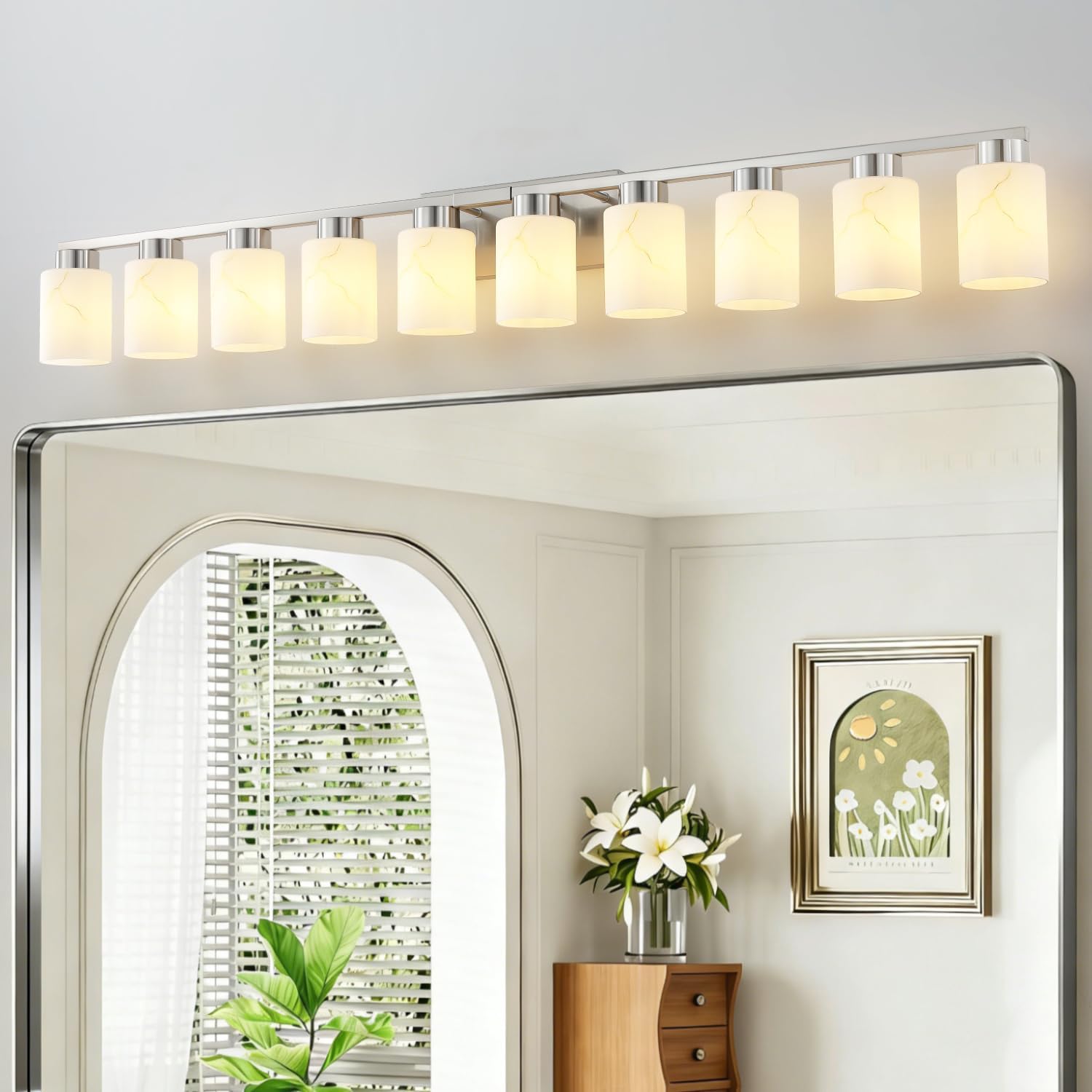 10-Light Bathroom Light Fixtures, Modern Vanity Lights, Brushed Nickel Metal Wall Lamp with White Marble Glass for Bathroom, Mirror, Living Room, Bedroom, Cabinet, Porch, Hallway, E26 Base
