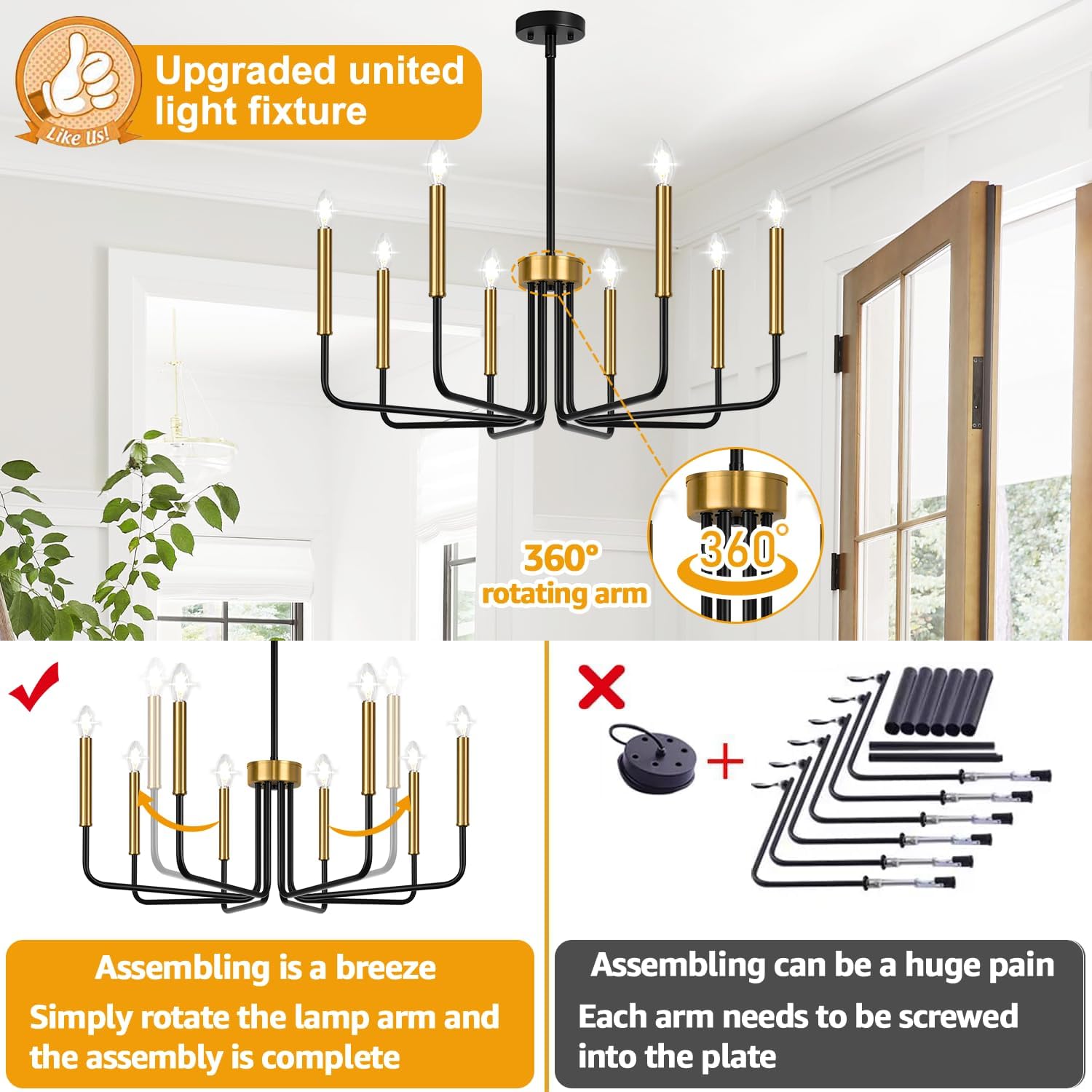 Lynnoland Black and Gold 8-Light Farmhouse Chandelier for Dining Room Lighting Fixtures Hanging, Vintage Candle Pendant Light Fixtures Chandelier for Bedroom, Foyer and Living Room