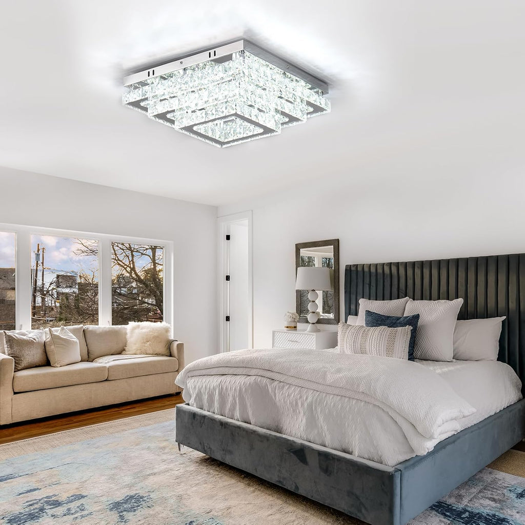 Finktonglan Square Crystal Ceiling Light Fixture, 15' Modern Flush Mount Chandelier, 3-Tier LED Ceiling Light for Living Room Dining Room Bedroom Hallway, 6500K Cool White