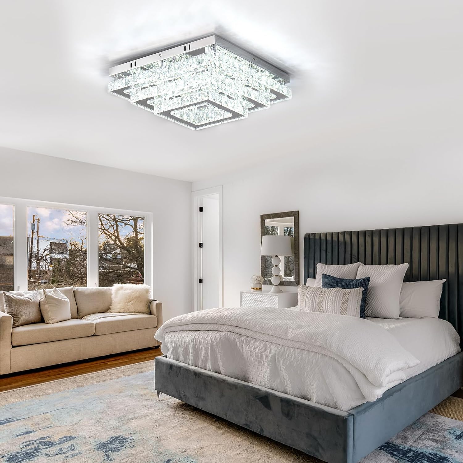 Finktonglan Square Crystal Ceiling Light Fixture, 15' Modern Flush Mount Chandelier, 3-Tier LED Ceiling Light for Living Room Dining Room Bedroom Hallway, 6500K Cool White