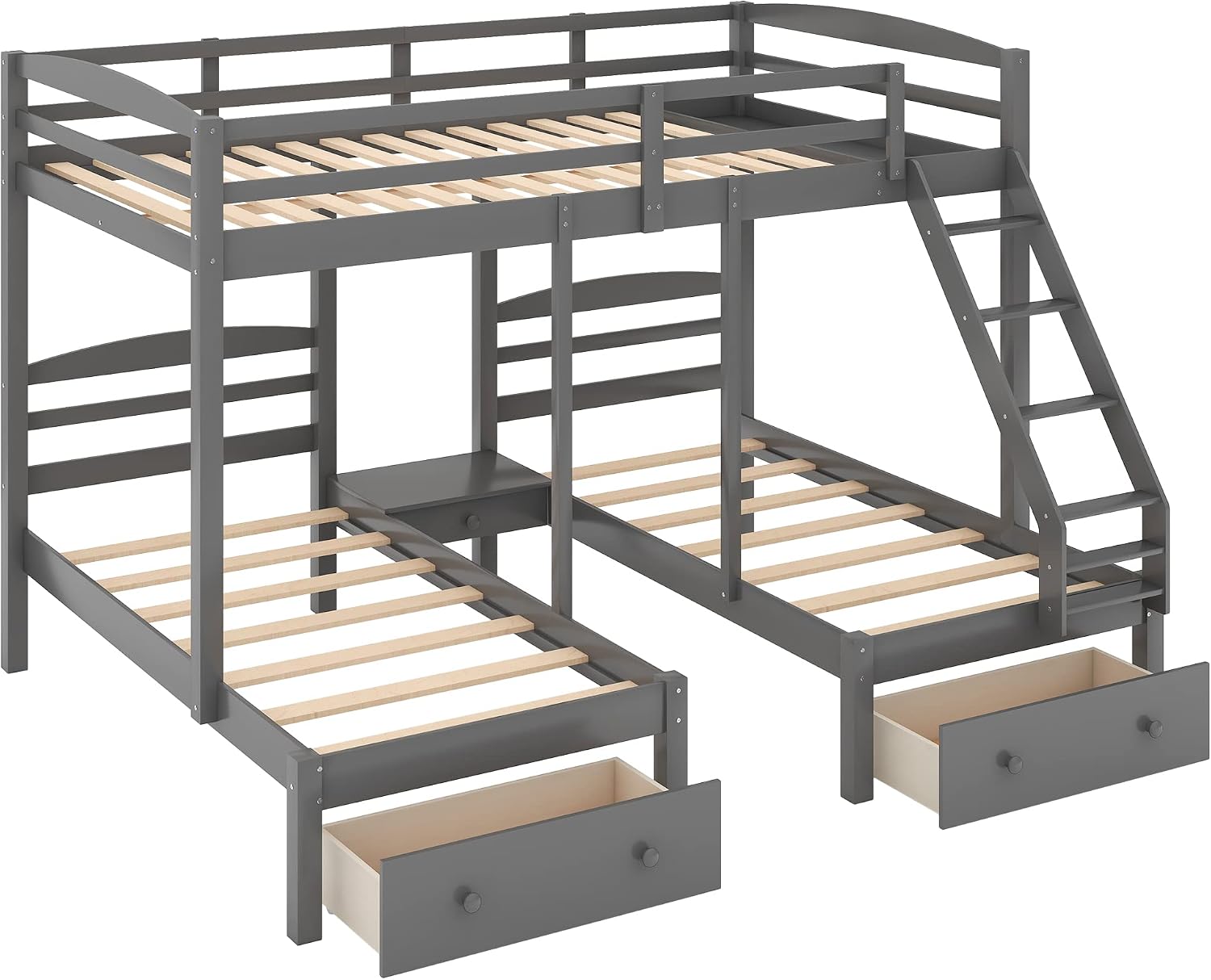 Wood Triple Bed Bunk Bed with 2 Storage Drawers, 3-in 1 Full Over Twin & Twin Bunk Bed Frame with Built-in Middle Drawer, Guardrail Ladder for Kids Teens Adults, Maximized Space Design (Grey-full)
