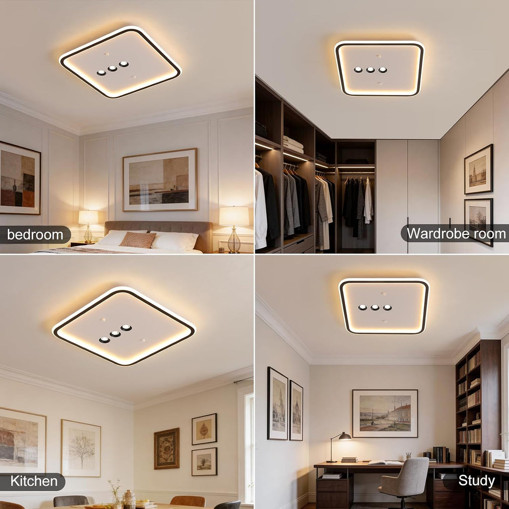 Shine LUEST Square Diamond LED Ceiling Light with 3 Adjustable Spotlights, Dimmable Flush Mount Lighting Fixture, Black & White for Bedroom Living Room Kitchen Hallway