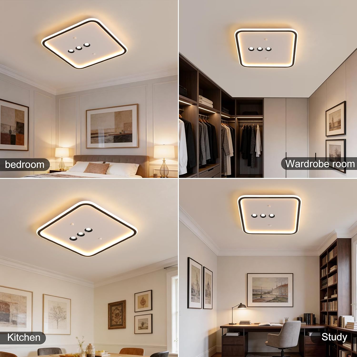 Shine LUEST Square Diamond LED Ceiling Light with 3 Adjustable Spotlights, Dimmable Flush Mount Lighting Fixture, Black & White for Bedroom Living Room Kitchen Hallway
