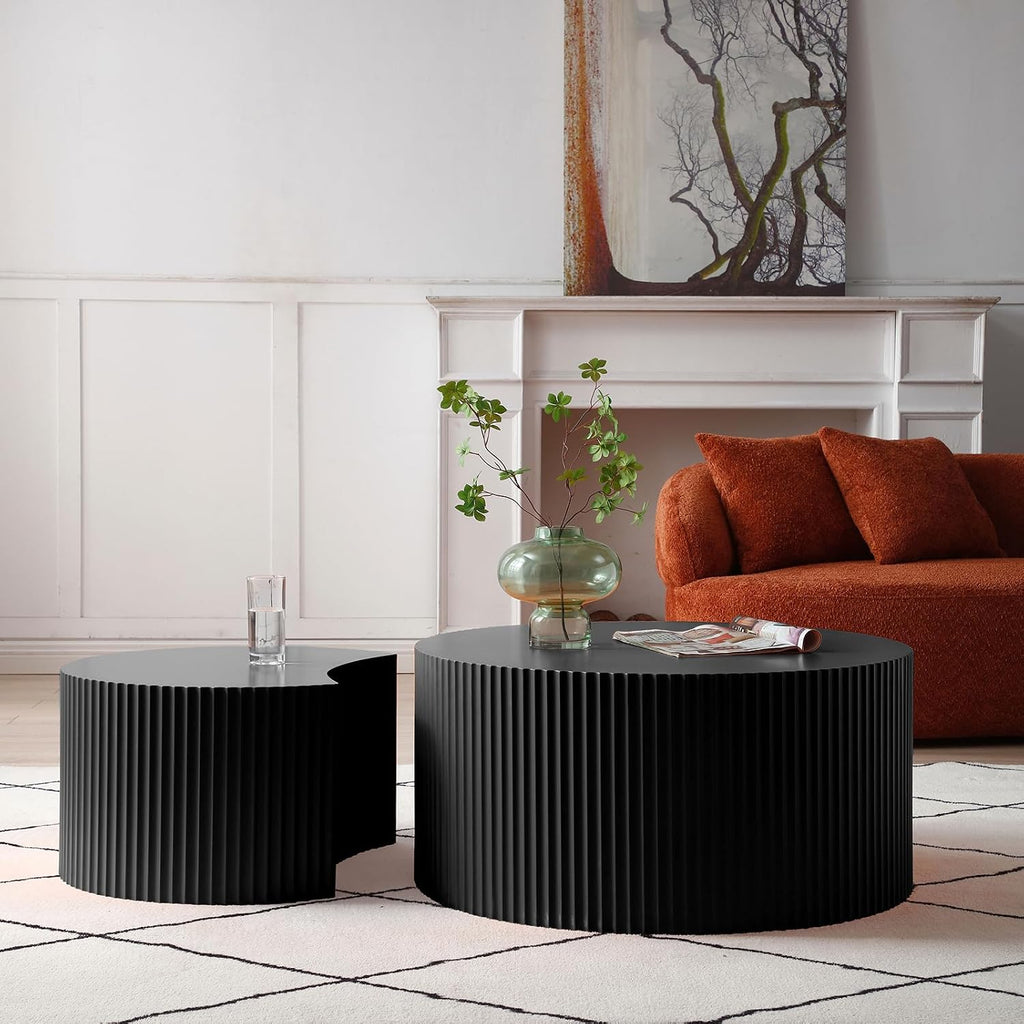 Round Nesting Coffee Table, Modern Wood Coffee Table Unique Shaped Set of 2 for Small Space, Living Room - Black