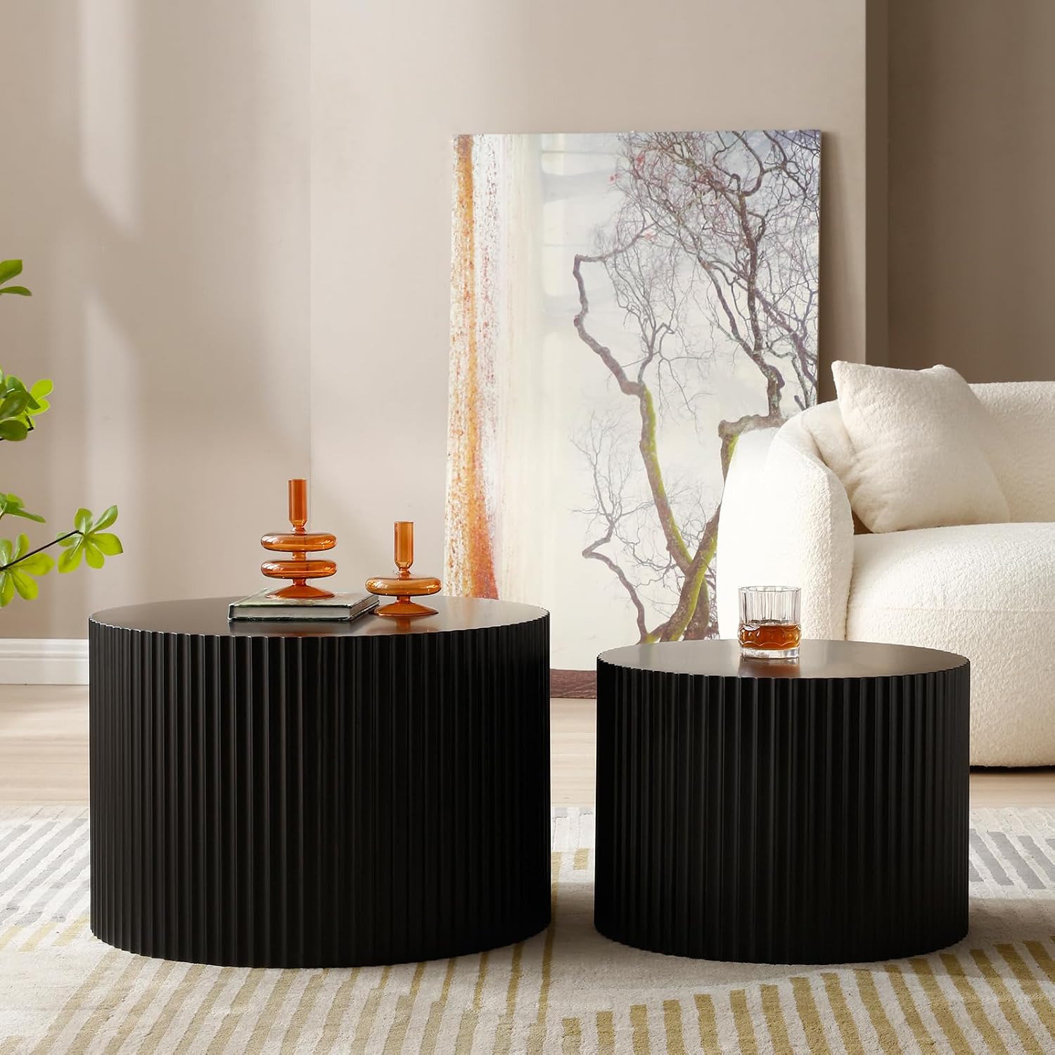 Modern Nesting Coffee Table, Round Wood End Table Set of 2 for Small Space, Living Room - Black