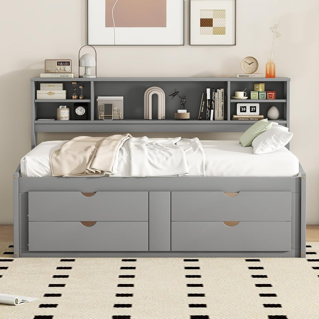 MERITLINE Full Daybed with Storage Bookcase,Shelves and Drawers,Solid Wood Full Captain's Bed Frame with Drawers for Adults,No Box Spring Needed (Grey)