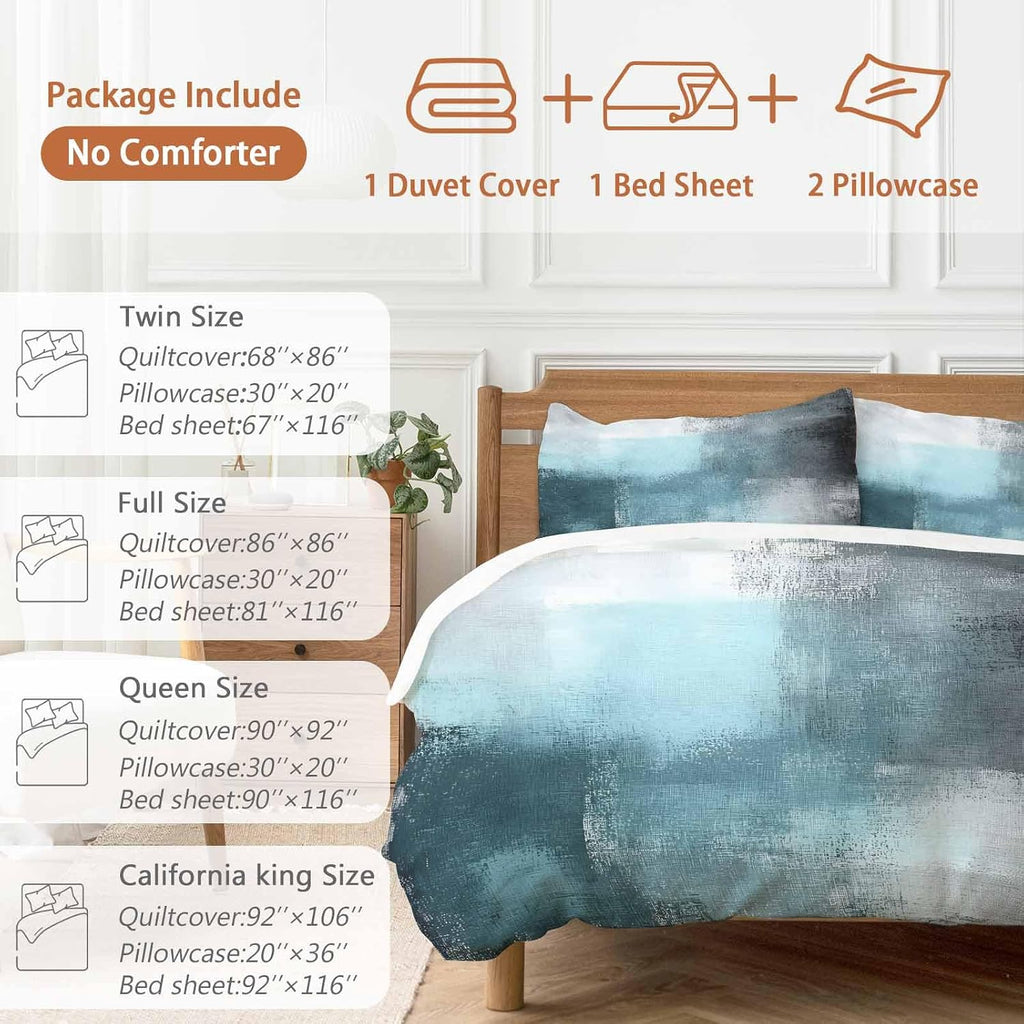 Prime Leader Teal Blue Color Block Duvet Cover Set Queen Size 4 Pieces Abstract Shabby Modern Art Bedding Set with Zipper Closure, 1 Comforter Cover 92x106 Inches 1 Flat Sheet & 2 Pillow Cases