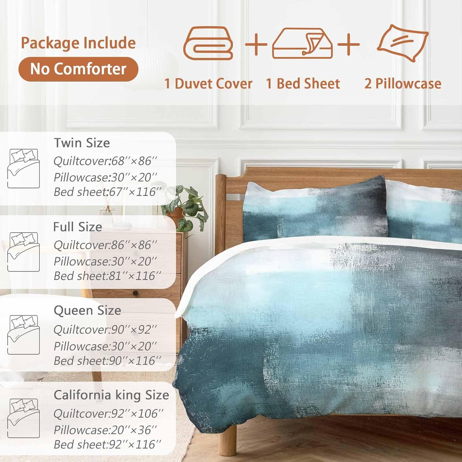 Prime Leader Teal Blue Color Block Duvet Cover Set Queen Size 4 Pieces Abstract Shabby Modern Art Bedding Set with Zipper Closure, 1 Comforter Cover 92x106 Inches 1 Flat Sheet & 2 Pillow Cases