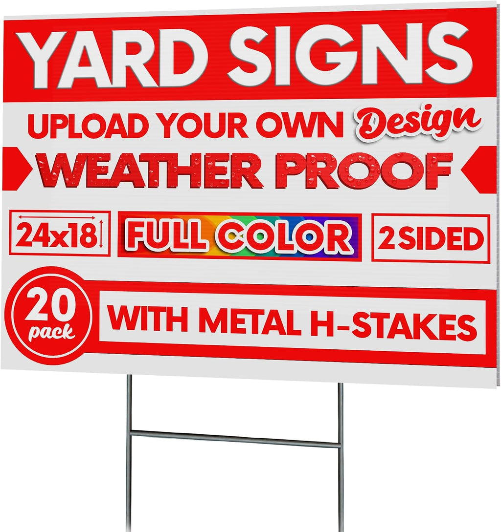 20 pack 24x18' Double Sided Custom Yard Sign with Metal Stake Front and Back Custom Printed Personalized Lawn Sign for Business, Real Estate, or Yard Sale, Full Color Corrugated Plastic Signage for Outdoors, Home, Office, Business (20-Pack)