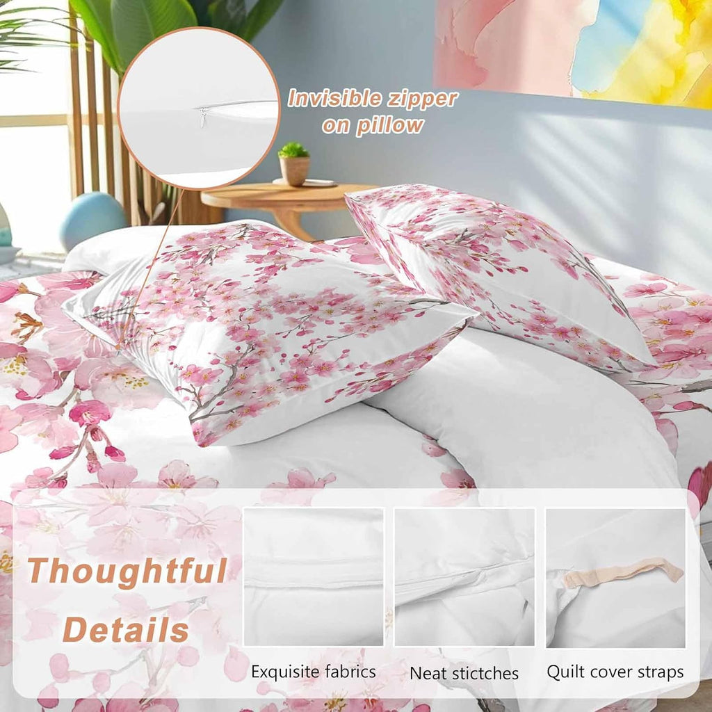Spring Cherry Blossoms Duvet Cover Set Queen Size 4 Pieces Pink Flowers Branch Watercolor Plant Bedding Set with Zipper Closure, 1 Comforter Cover 86x86 Inches 1 Flat Sheet & 2 Pillow Cases