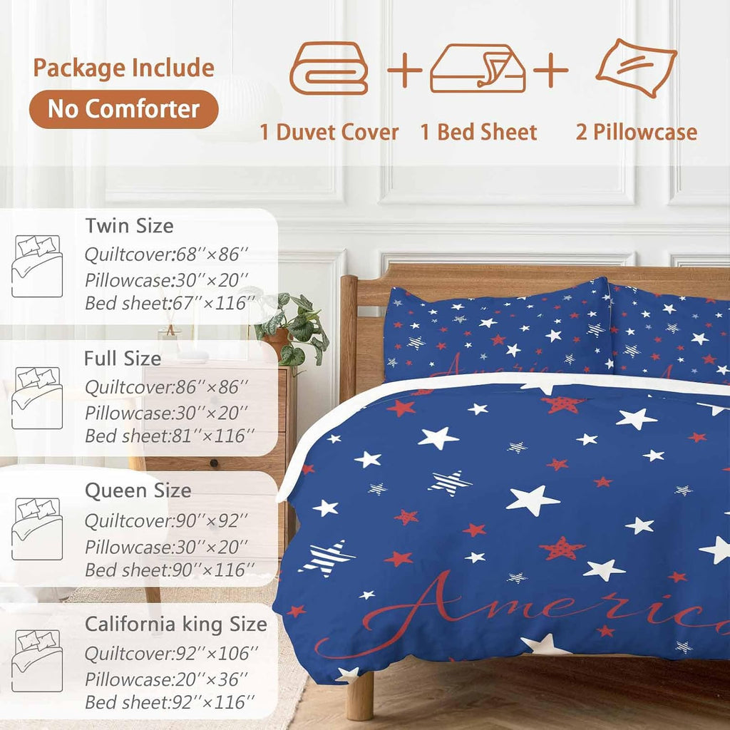 Independence Day Duvet Cover Set Queen Size 4 Pieces Blue White Pentagram America Blue Background Bedding Set with Zipper Closure, 1 Comforter Cover 92x106 Inches 1 Flat Sheet & 2 Pillow Cases
