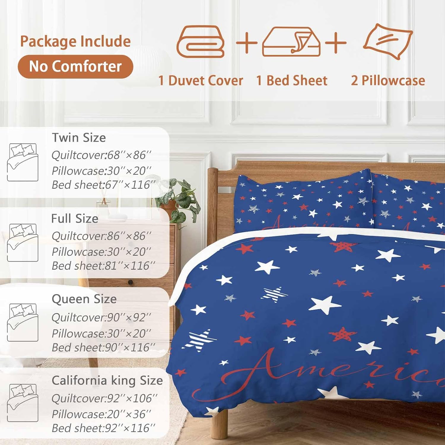 Independence Day Duvet Cover Set Queen Size 4 Pieces Blue White Pentagram America Blue Background Bedding Set with Zipper Closure, 1 Comforter Cover 92x106 Inches 1 Flat Sheet & 2 Pillow Cases