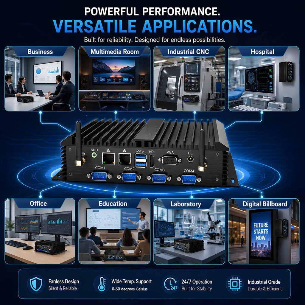 Industrial Mini PC, Desktop Fanless Computer Core i7-5500U 2.4-3.0GHz, Windows 10 Pro, 16G RAM, 512G SSD, Dual LAN, 6xCOM RS232, 4xUSB 3.0, HDMI/VGA Ports, Auto Power On, Full Metal Case