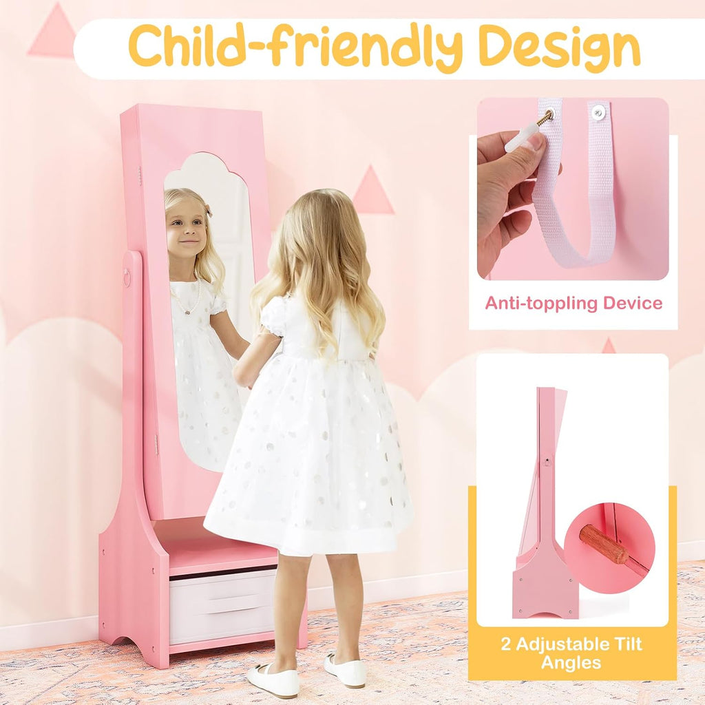 Costzon Kids Vanity & Jewelry Armoire Cabinet, Kids Vanity Table and Chair Set, Makeup Dressing Table, Standing Jewelry Organizer with Full-Length Mirror, Kids Bedroom Furniture Set for Girls (Pink)
