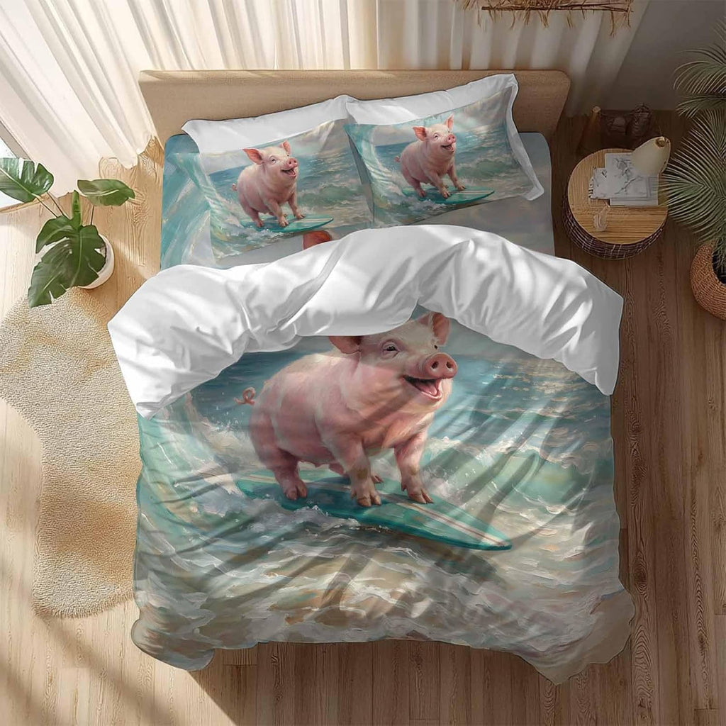 Summer Ocean Duvet Cover Set Queen Size 4 Pieces Watercolor Funny Pig Teal Surfboard Coastal Wave Bedding Set with Zipper Closure, 1 Comforter Cover 92x106 Inches 1 Flat Sheet & 2 Pillow Cases