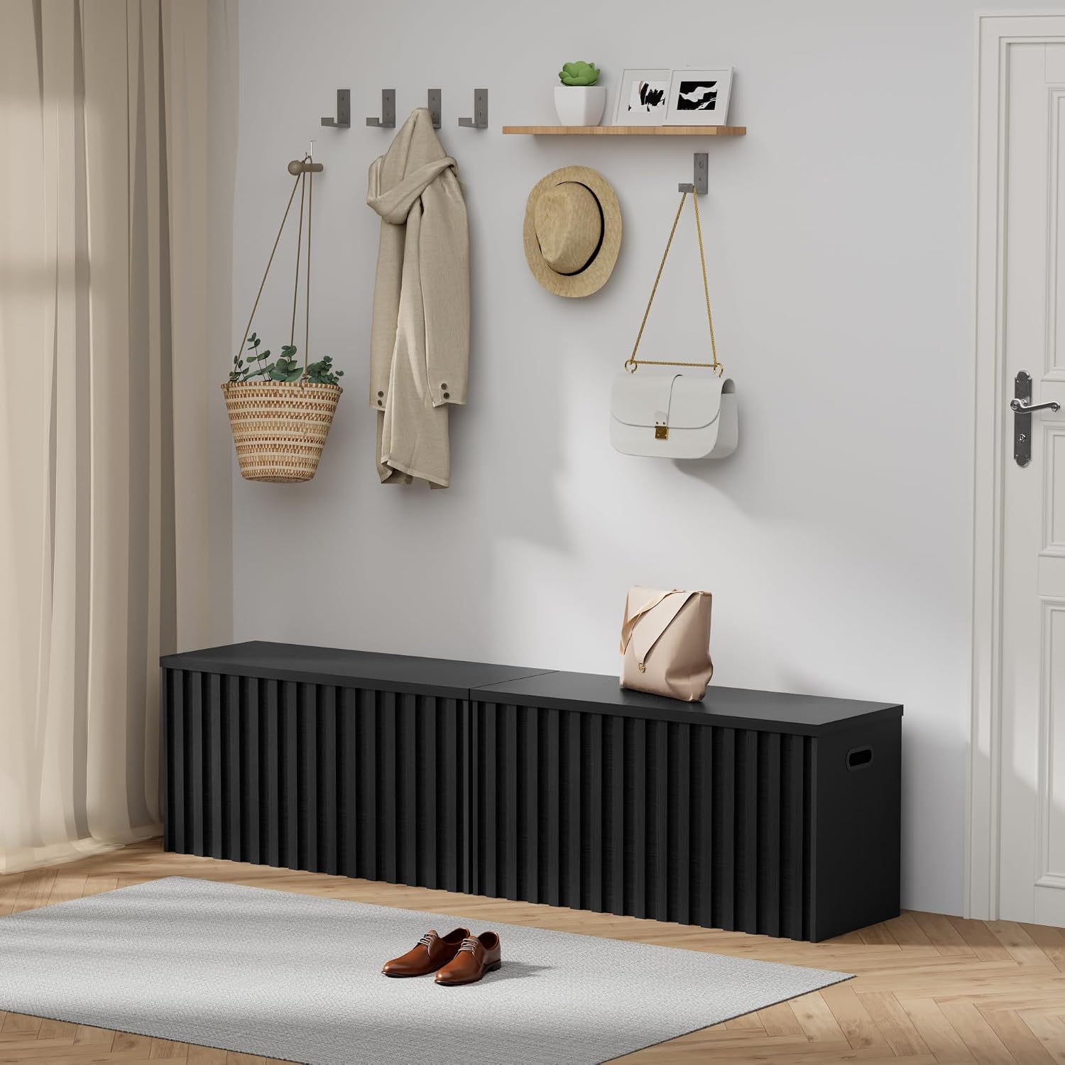 UEV Black Storage Bench Set of 2, 39.4' Fluted Wood Storage Trunk with 2 Safety Hinges, Sturdy Storage Chest, Storage Bench for Bedroom,Entryway, Living Room