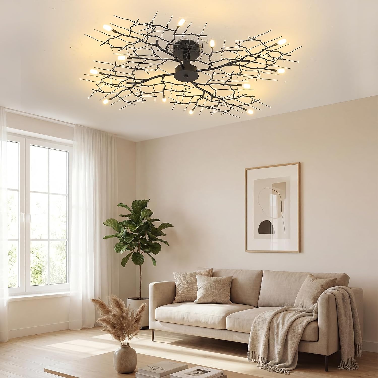 Vintage Handmade Tree Vine Decorative Branches Chandeliers Black Close to Ceiling Light Flush Mount Fixture with 12 Light 60W 44' Dia;Room Bedroom Kitchen Dining Room Aisle&Corridor