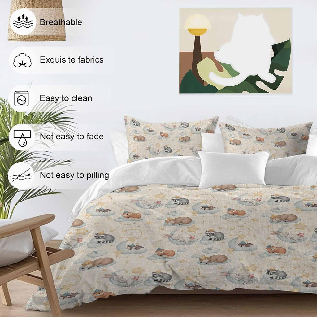 Cartoons Animals Duvet Cover Set Queen Size 4 Pieces Watercolor Fox Sleeping Raccoon Cute Rabbit Bedding Set with Zipper Closure, 1 Comforter Cover 92x106 Inches 1 Flat Sheet & 2 Pillow Cases
