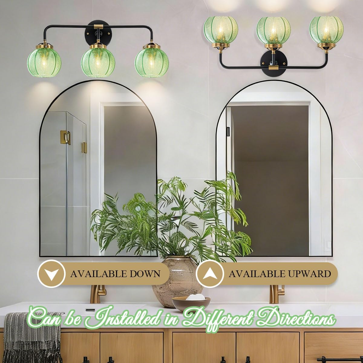 Bathroom Light Fixtures Vanity Wall 3-Light Coastal Vanity Lights Emerald Green Vintage Wall Lamp with Glass Globe Shade Modern Glass Wall Vanity Lighting for Mirror Kitchen Cabinet