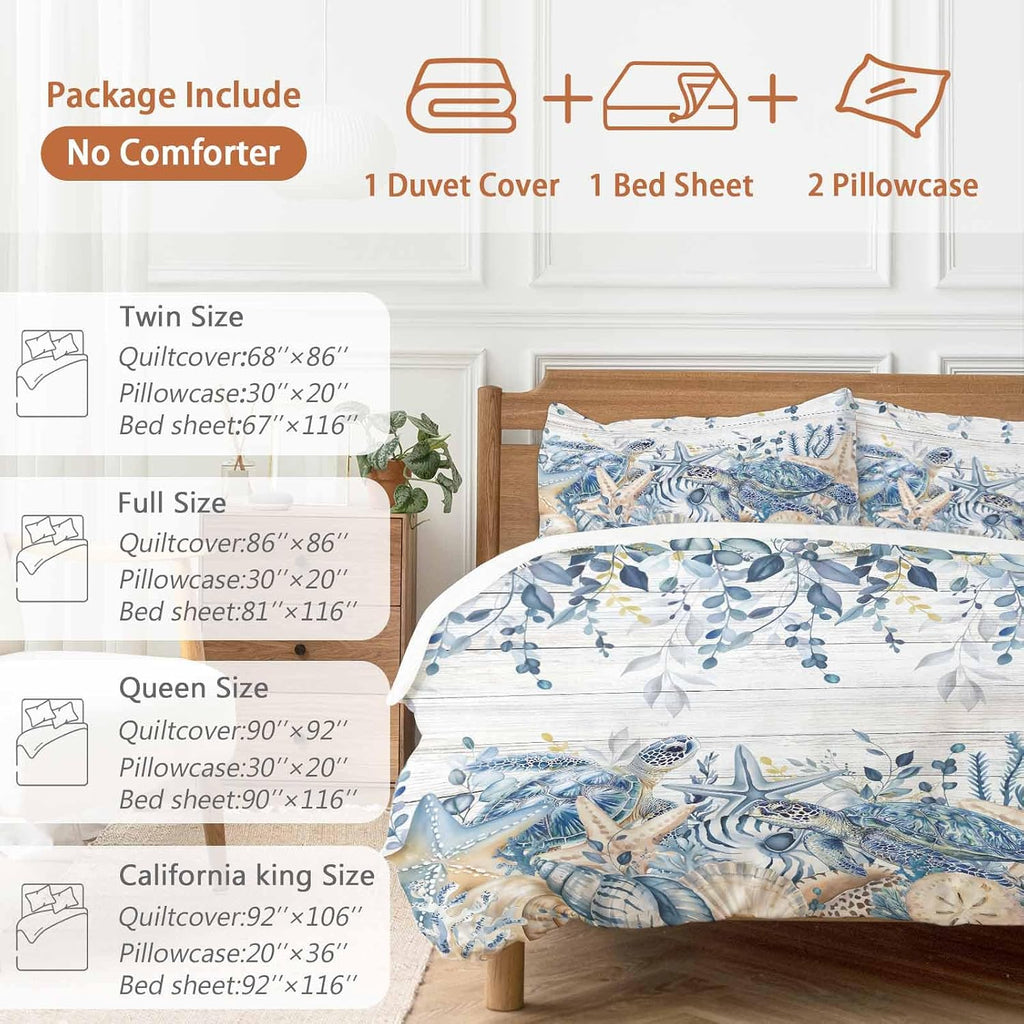 Ocean Turtle Duvet Cover Set Queen Size 4 Pieces Retro Sea Stars Shells Blue Leaf Wood Grain Bedding Set with Zipper Closure, 1 Comforter Cover 92x106 Inches 1 Flat Sheet & 2 Pillow Cases