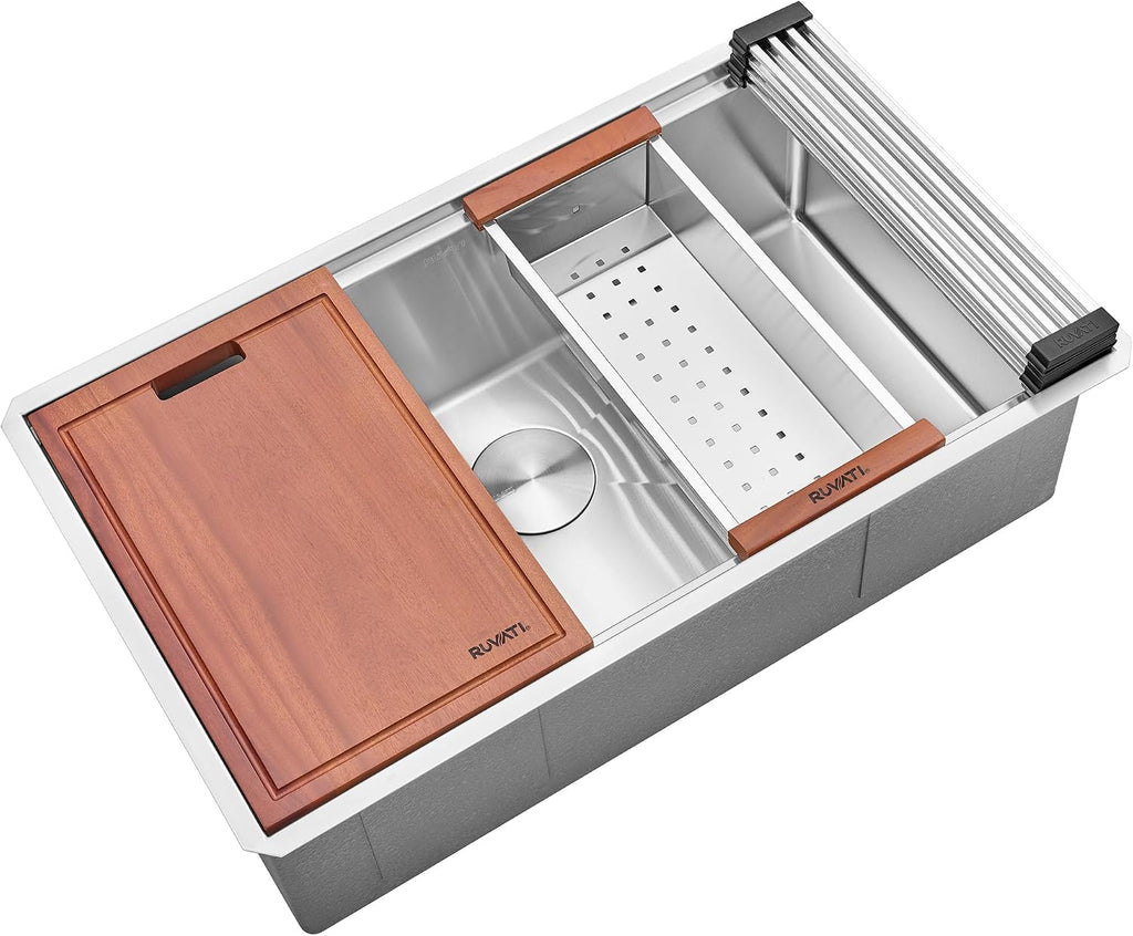 Ruvati 33-inch Round Corner Undermount 16 Gauge Stainless Steel Workstation Kitchen Sink Single Bowl – Soundproof Multifunction Chef Sink with Cutting Board & Accessories – RVH8303
