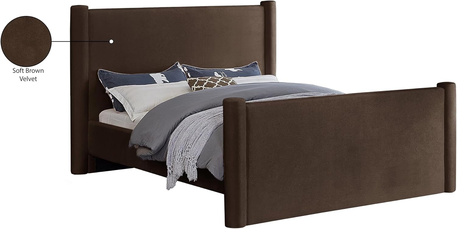 Meridian Furniture B1298Brown-Q Elias Collection Modern | Contemporary Queen Bed with Soft Brown Velvet, Solid Wood Inner Frame, 73.5' W x 88.5' D x 52' H, Brown, Queen