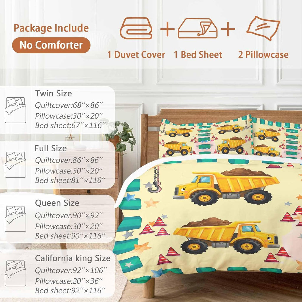 Prime Leader Cartoon Caravans Duvet Cover Set Queen Size 4 Pieces Hookups Roadblocks Stars Green Border Bedding Set with Zipper Closure, 1 Comforter Cover 86x86 Inches 1 Flat Sheet & 2 Pillow Cases
