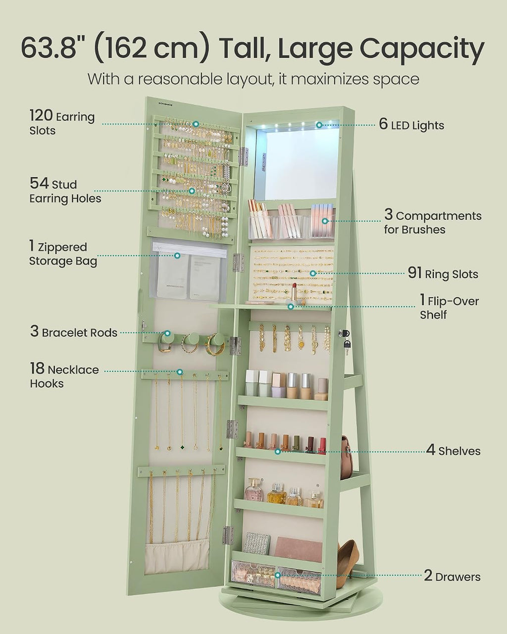 SONGMICS 6 LEDs Lockable Mirror Jewelry Cabinet, 360° Swivel Jewelry Organizer Armoire Standing, Frameless Full-Length Mirror, 3 Storage Shelves, Laurel Green Surface, Cream White Lining UJJC007C01