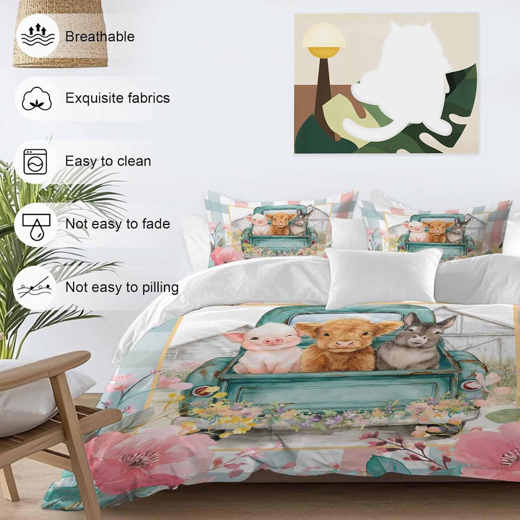 Farm Animals Duvet Cover Set Queen Size 4 Pieces Funny Pig Cow Donkey Retro Truck Spring Floral Bedding Set with Zipper Closure, 1 Comforter Cover 90x92 Inches 1 Flat Sheet & 2 Pillow Cases