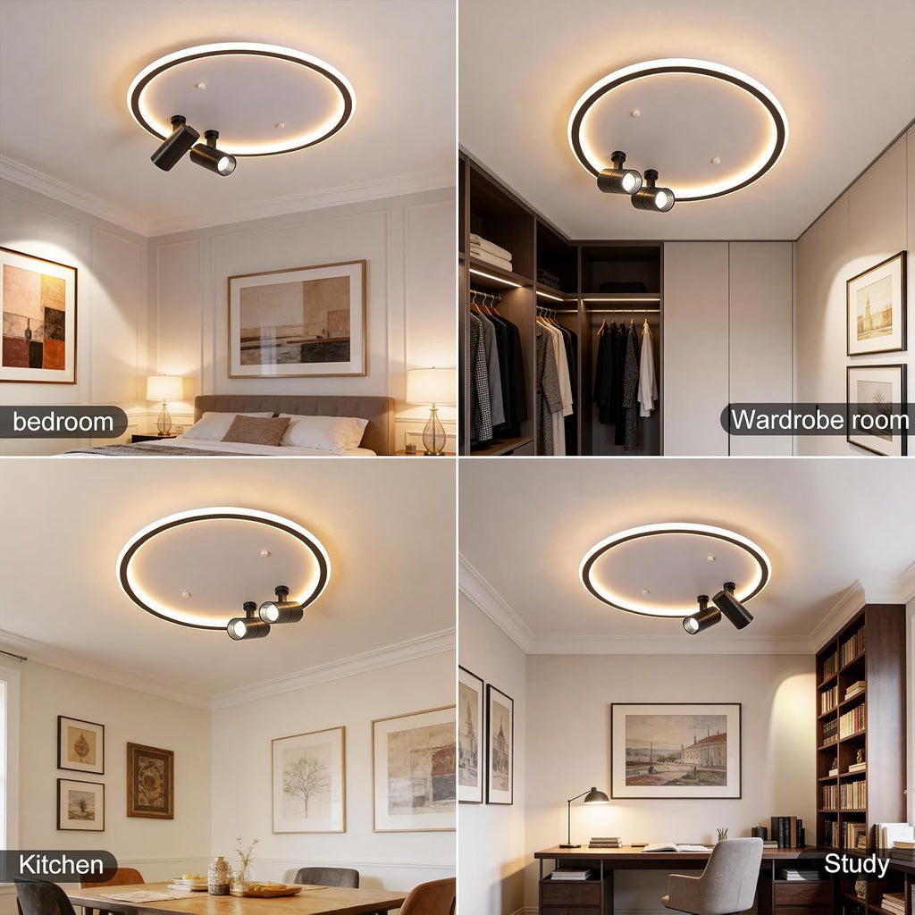 Shine LUEST Modern LED Bedroom Ceiling Light, 2 Adjustable Spotlights, Dimmable Round Close to Ceiling Lamp, Black White Minimalist Lighting for Living Room Bedroom Kitchen Dining Room