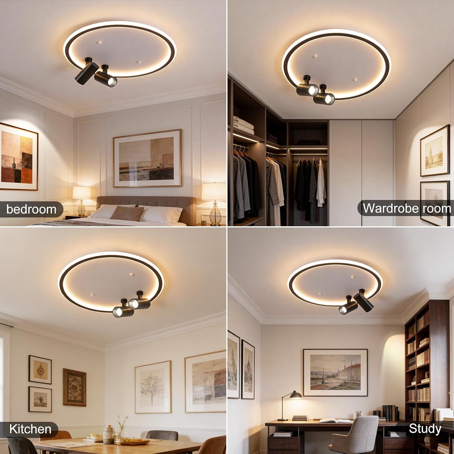 Shine LUEST Modern LED Bedroom Ceiling Light, 2 Adjustable Spotlights, Dimmable Round Close to Ceiling Lamp, Black White Minimalist Lighting for Living Room Bedroom Kitchen Dining Room
