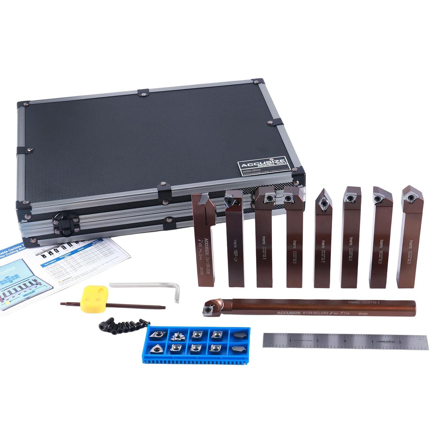 Accusize Industrial Tools 5/8' Shank 9-Piece Indexable Turning & Boring Tool Set, Uncoated Sharp-Edge Inserts for Aluminum, 3988-0058