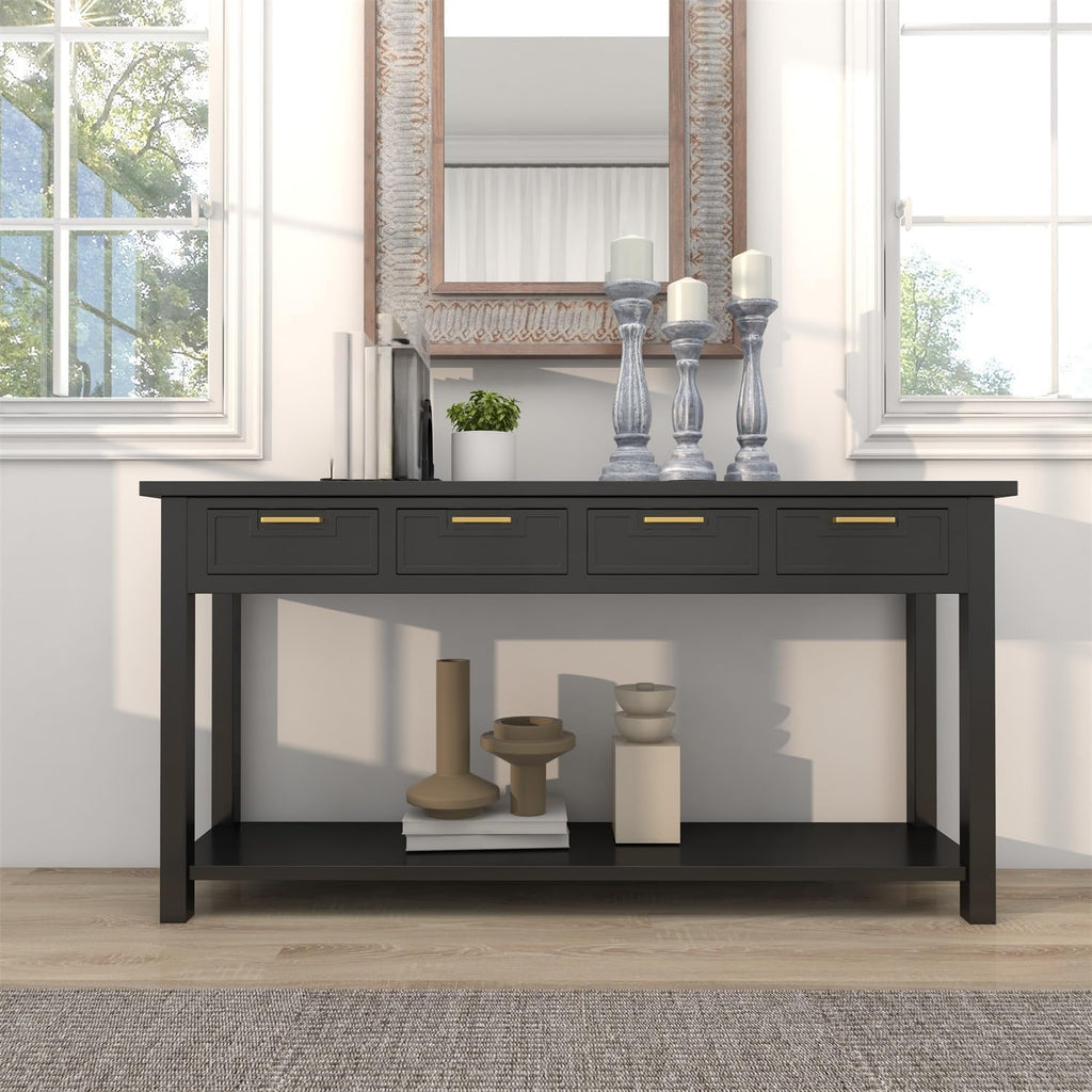 kinbor Black Entryway Table 60 Inch - Long Console Table with 4 Drawers, Narrow Sofa Table with Storage Shelf for Entryway Living Room