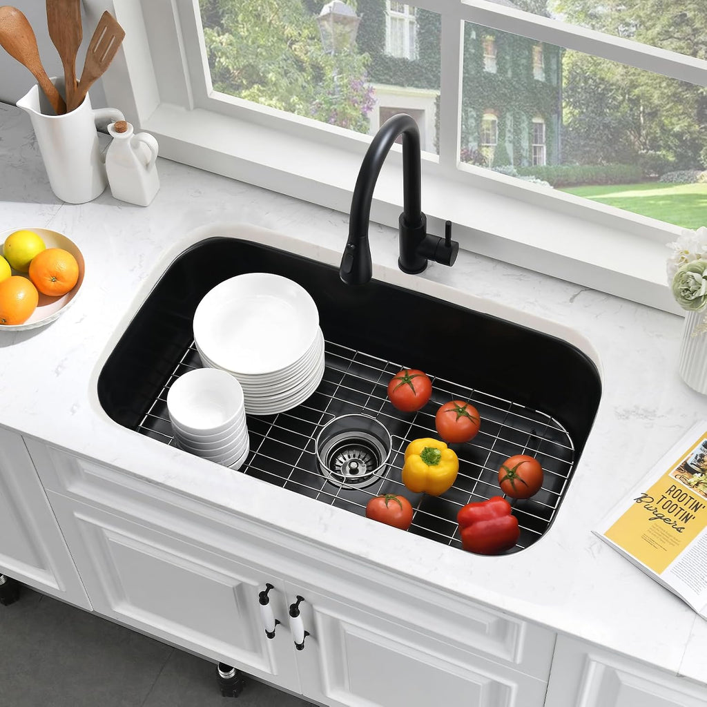 31 Inch Black Undermount Sink Stainless Steel-Bokaiya 31x18 Kitchen Sink Undermount Black Stainless Steel Sink 16 Gauge Single Bowl Kitchen Sink with Dish Grid