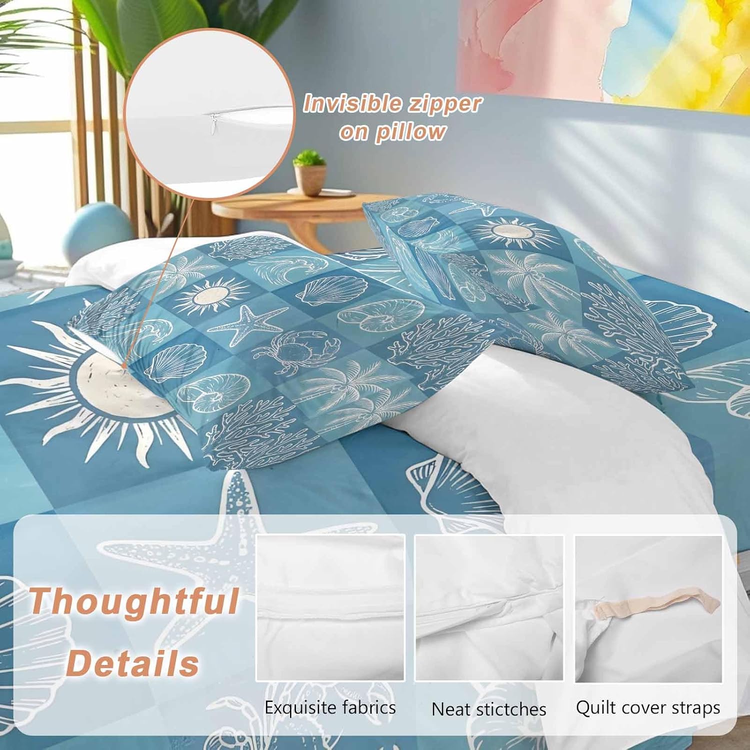 Prime Leader Blue Coastal Duvet Cover Set Queen Size 4 Pieces Summer Ocean Waves Shell Crab Coconut Tree Bedding Set with Zipper Closure, 1 Comforter Cover 92x106 Inches 1 Flat Sheet & 2 Pillow Cases