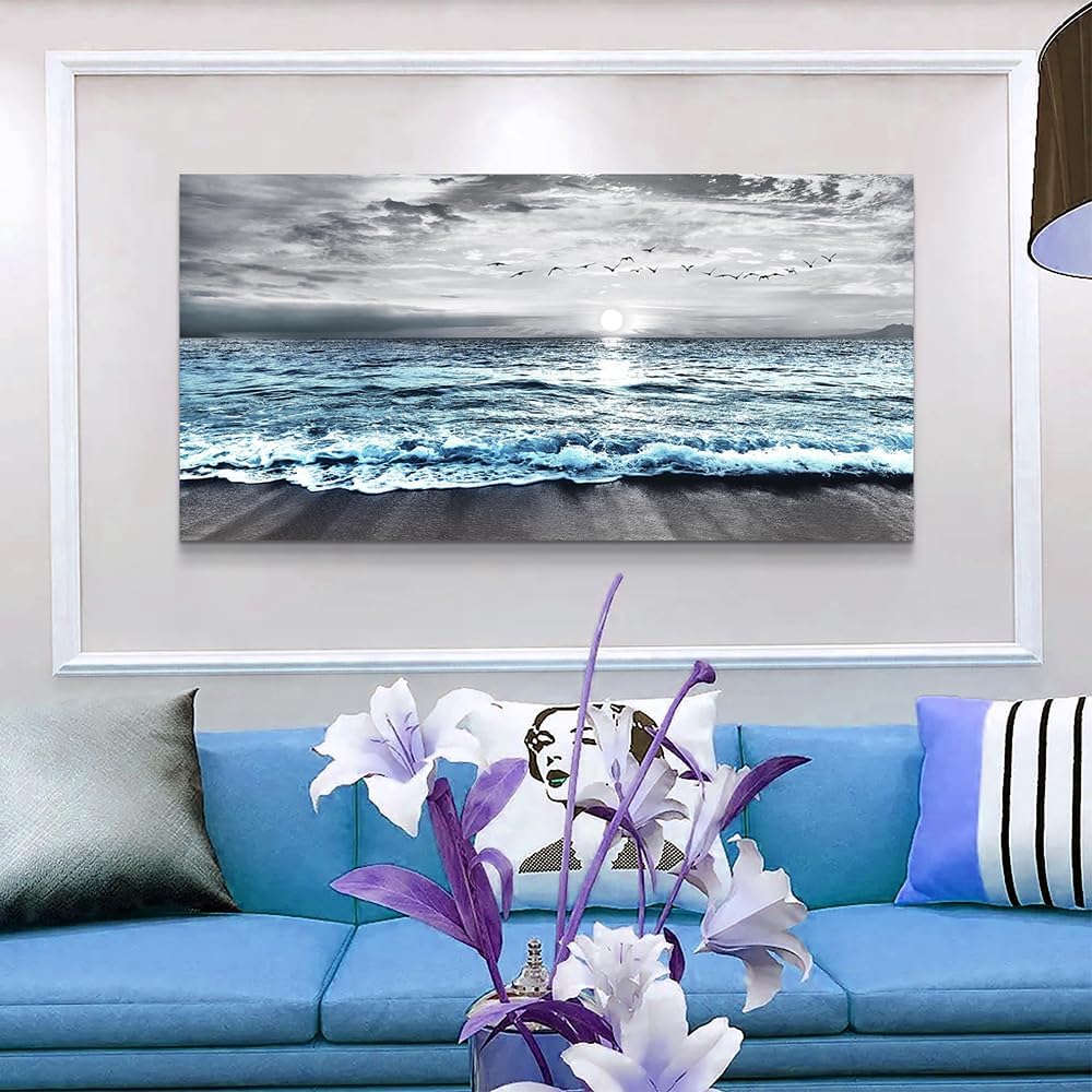 Wapluam Large Wall Decor For Living Room Canvas Wall Art For Bedroom Office Wall Decorations Black And White Painting Blue Sea Wave Pictures Artwork For Modern Stretched and Framed Beach Posters