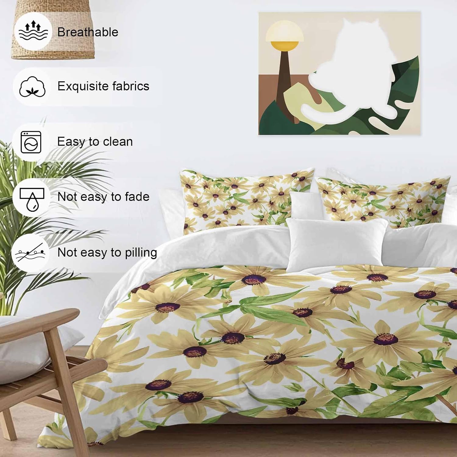 Light Yellow Sunflower Duvet Cover Set Queen Size 4 Pieces Watercolor Flower Green Leaf Spring Country Bedding Set with Zipper Closure, 1 Comforter Cover 92x106 Inches 1 Flat Sheet & 2 Pillow Cases