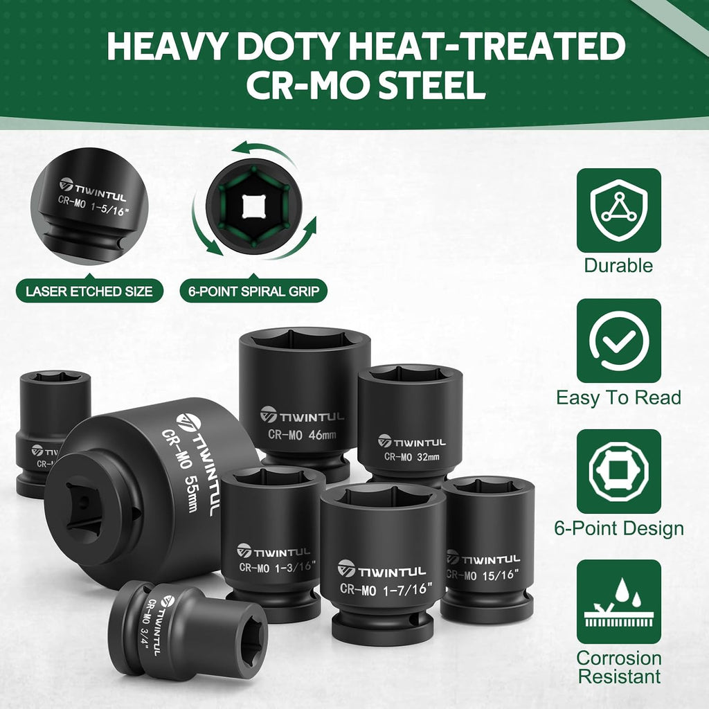 3/4 Inch Drive Impact Socket Set, 6-Point Design, CR-MO Steel, 30 PCS Large Impact Socket Set, SAE (11/16' to 2') and Metric (17mm to 60mm), Rugged Construction, Heavy Duty Impact Sockets