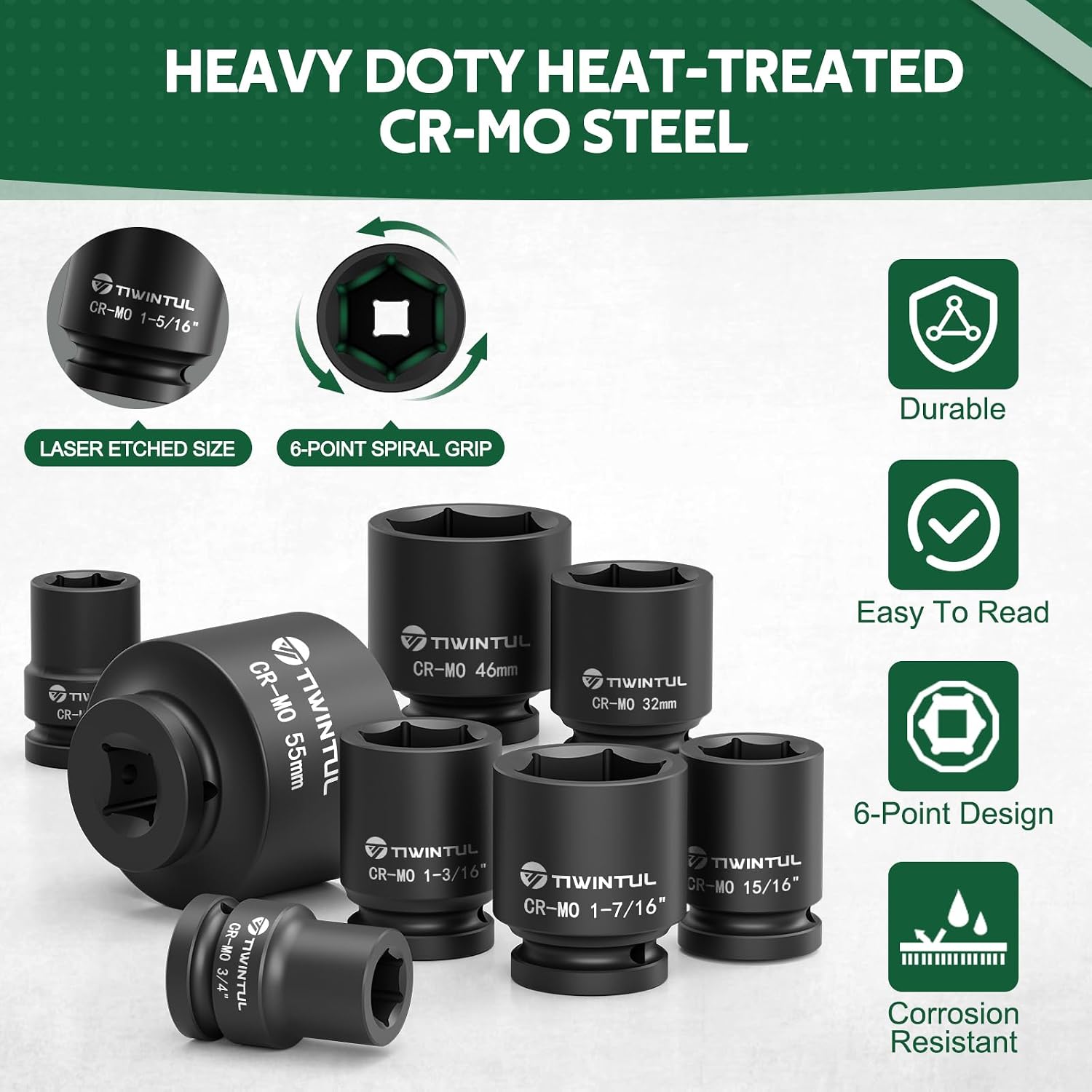 3/4 Inch Drive Impact Socket Set, 6-Point Design, CR-MO Steel, 30 PCS Large Impact Socket Set, SAE (11/16' to 2') and Metric (17mm to 60mm), Rugged Construction, Heavy Duty Impact Sockets