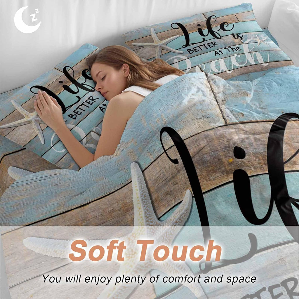 Life Is Duvet Cover Set Queen Size 4 Pieces Better at The Beach Summer Starfish Teal Wood Grain Bedding Set with Zipper Closure, 1 Comforter Cover 86x86 Inches 1 Flat Sheet & 2 Pillow Cases