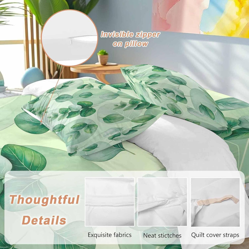Green Leaf Duvet Cover Set Queen Size 4 Pieces Summer Green Eucalyptus Leaves Plants Farmhouse Bedding Set with Zipper Closure, 1 Comforter Cover 92x106 Inches 1 Flat Sheet & 2 Pillow Cases