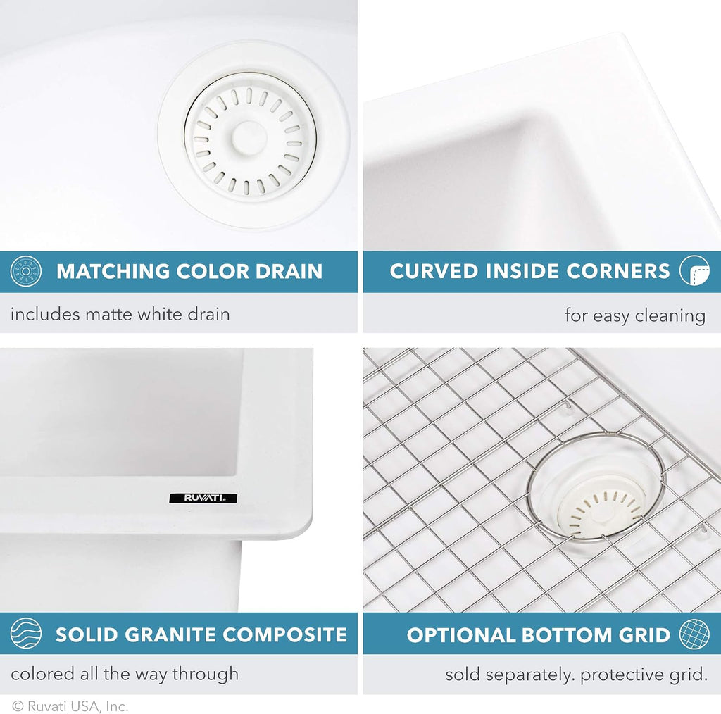 Ruvati 32 x 19 inch epiGranite Undermount Granite Composite Quartz Single Bowl Kitchen Sink - Arctic White - RVG2033WH