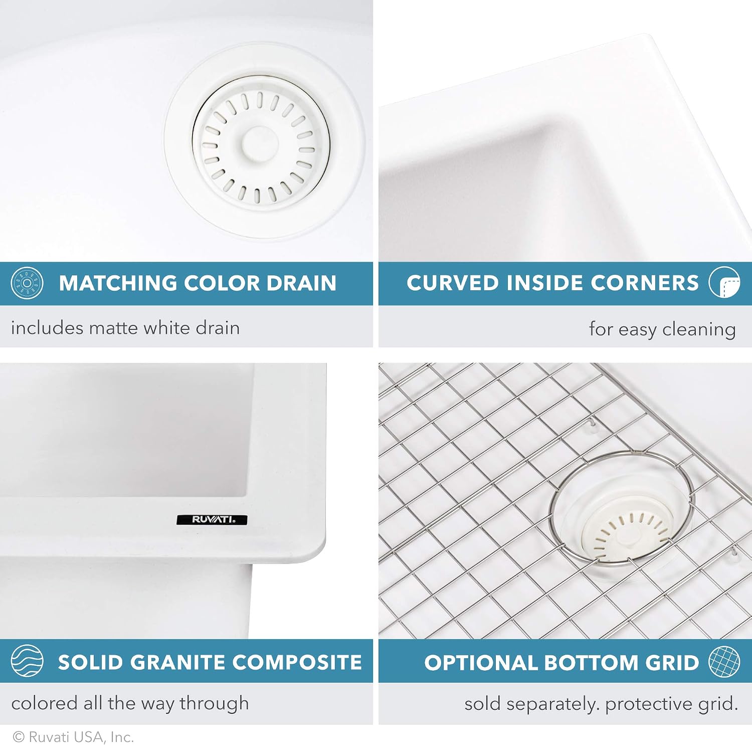 Ruvati 32 x 19 inch epiGranite Undermount Granite Composite Quartz Single Bowl Kitchen Sink - Arctic White - RVG2033WH