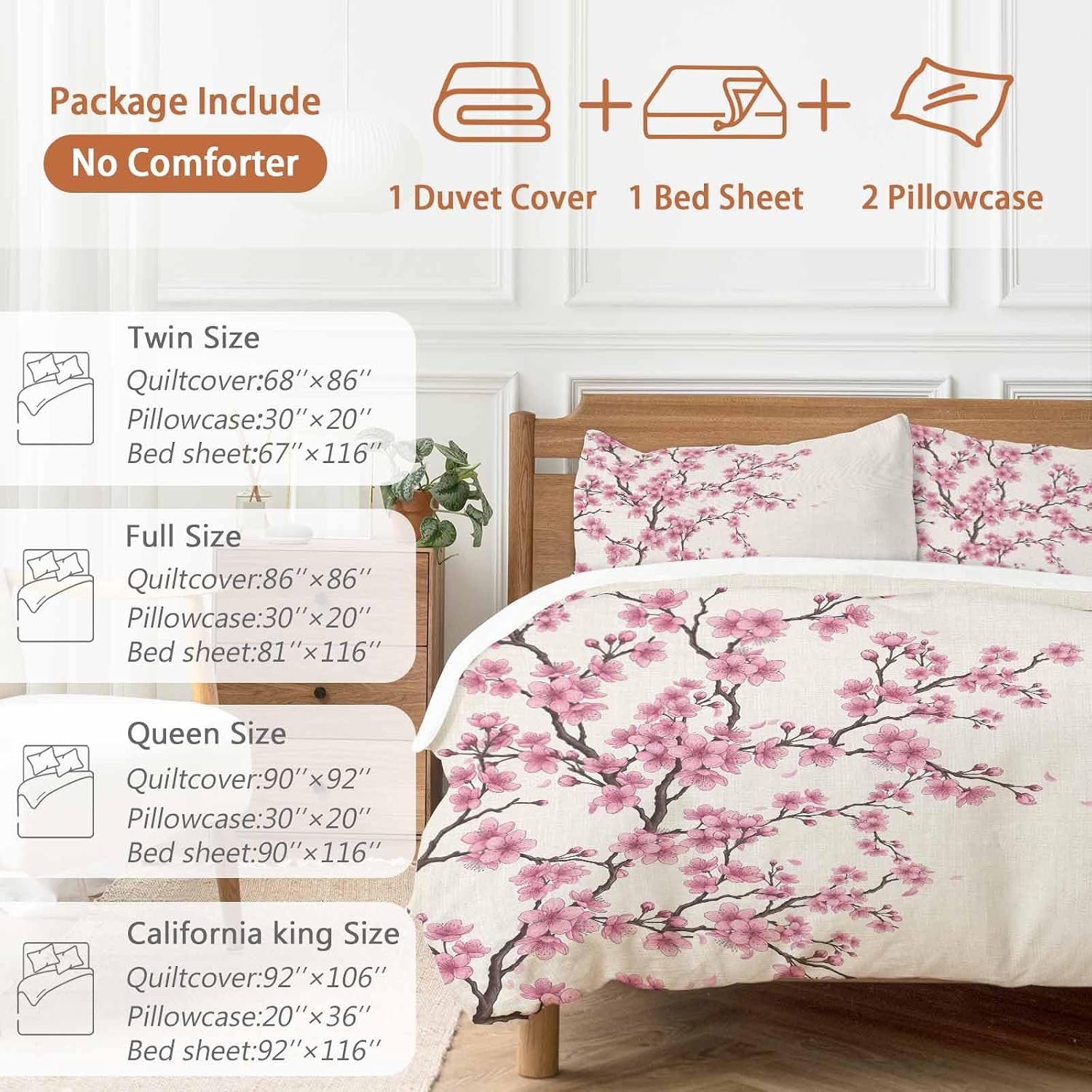 Pink Cherry Flowers Duvet Cover Set Queen Size 4 Pieces Watercolor Floral Tree Branches Linen Texture Bedding Set with Zipper Closure, 1 Comforter Cover 92x106 Inches 1 Flat Sheet & 2 Pillow Cases